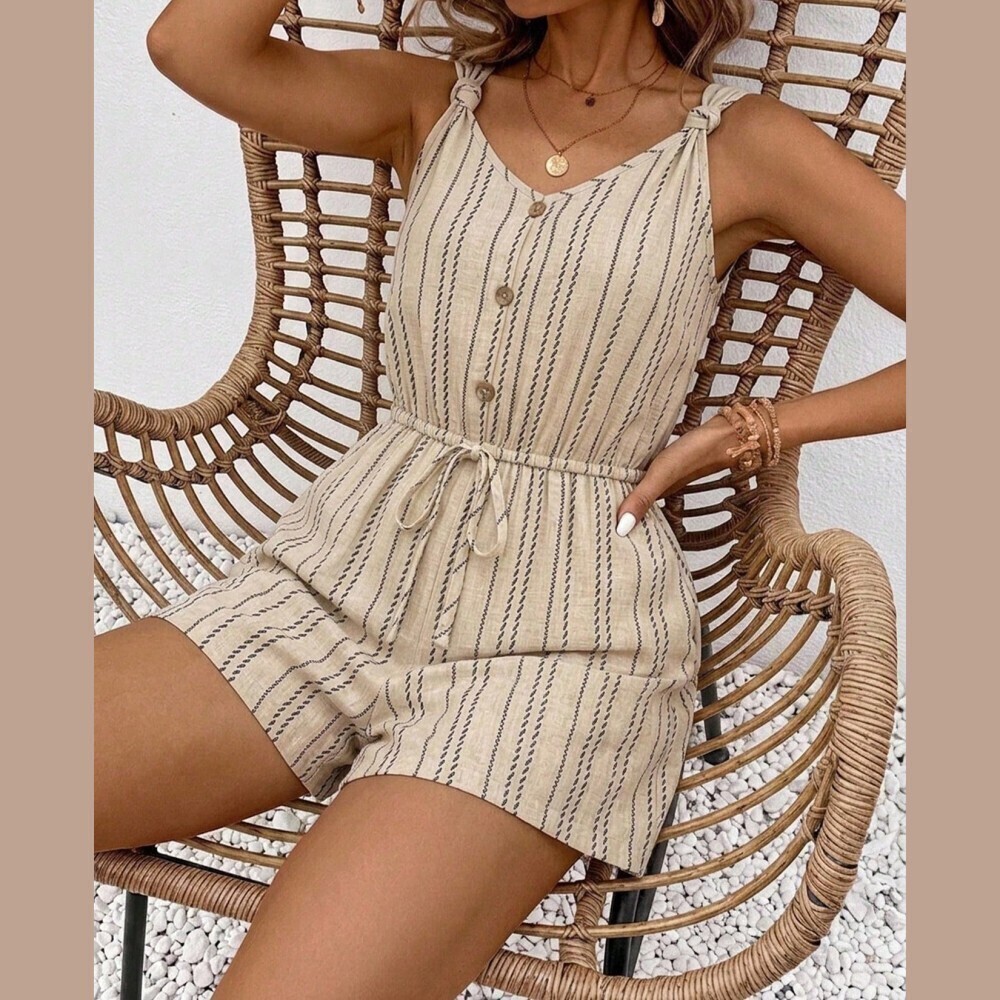 Tan Striped Knot Strap Button Front Romper